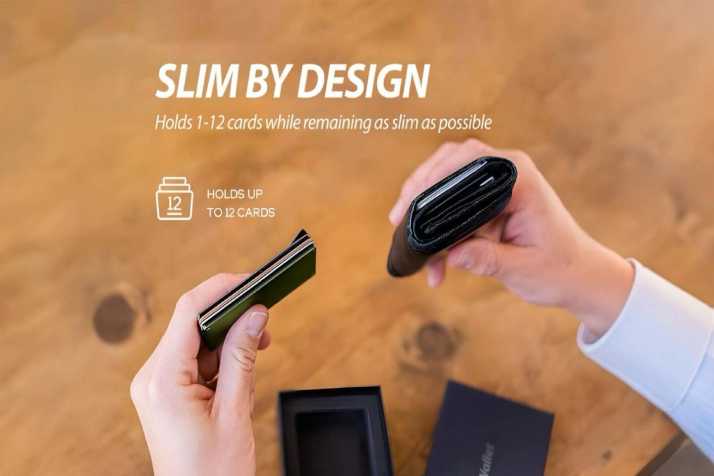 Slim RFID Wallet with Apple FindMy (Black) An image of hands holding an RFID-blocking slim metal wallet on one hand and a regular wallet on the other, with text overlay comparing the two