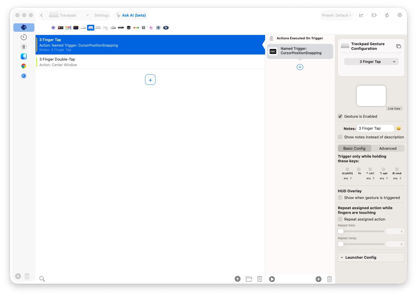 Contextual three-tap gesture in BetertouchTool Contextual three-tap gesture in BetertouchTool