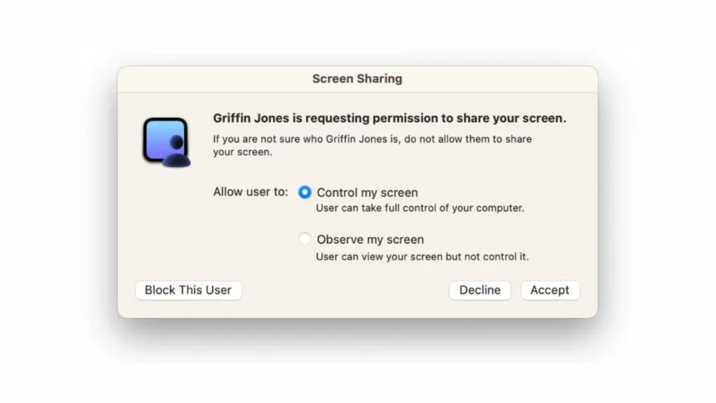 An image of macOS Screen Sharing feature used in a story about an exploit being actively used in the wild.