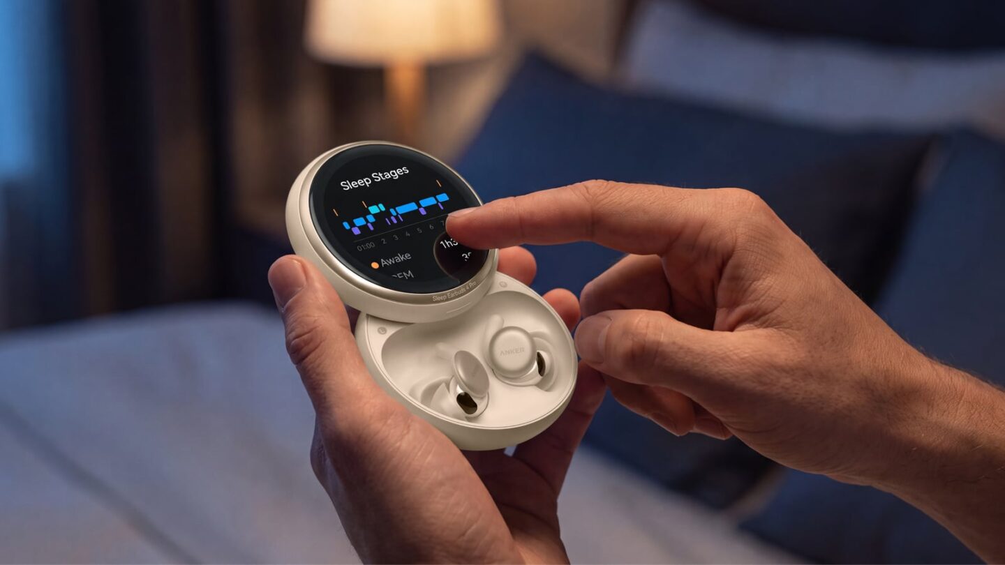 Anker Sleep 4 Pro sleep earbuds Photo of person holding Anker Sleep 4 Pro sleep earbuds in their touchscreen-equipped case