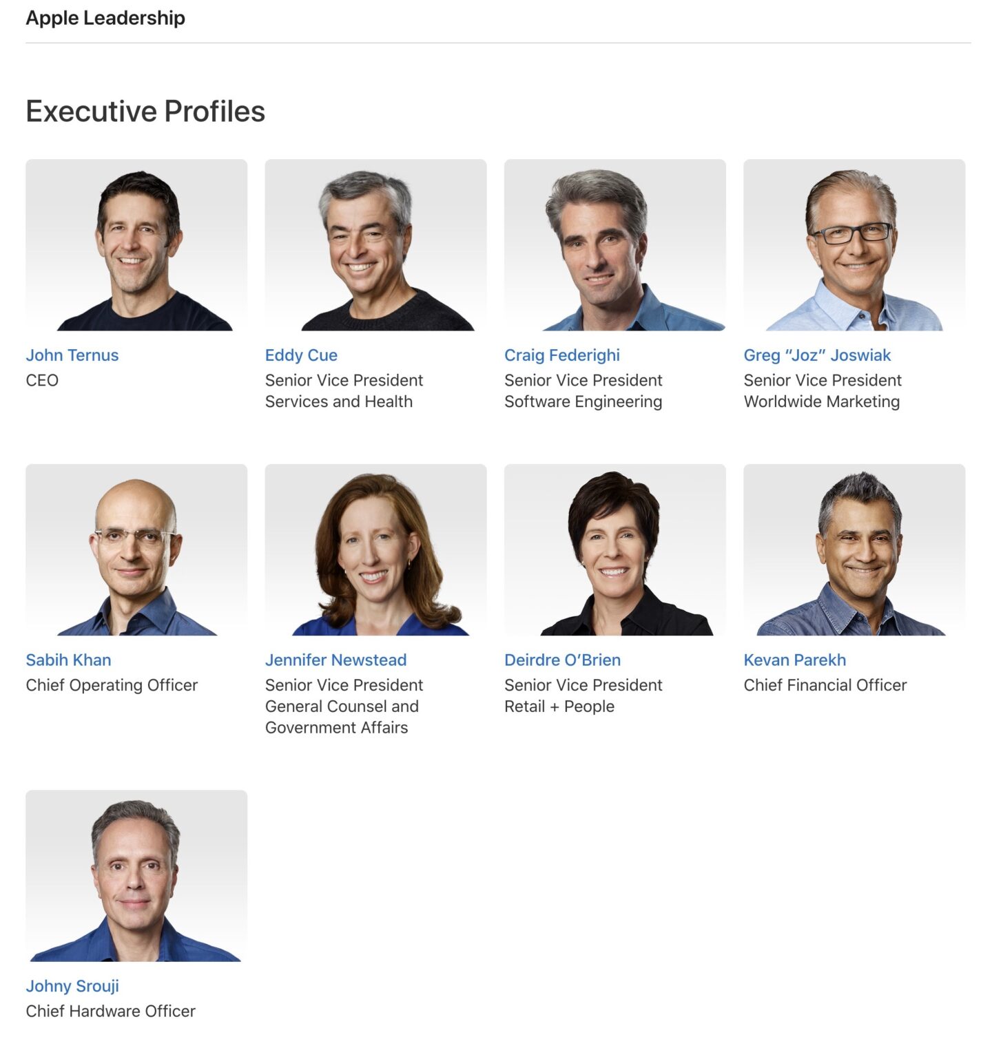 Apple executive team Screenshot of Apple Leadership subsite's Executive Profiles page, recently updated to show John Ternus as CEO, along with his C-suite colleagues.