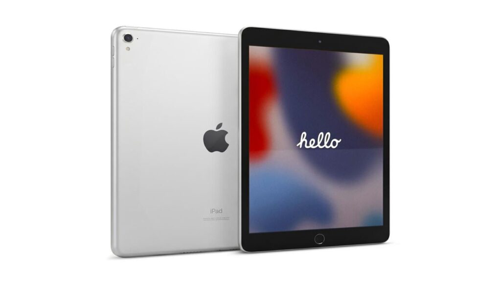 Front and back view of a silver Apple iPad on a white background