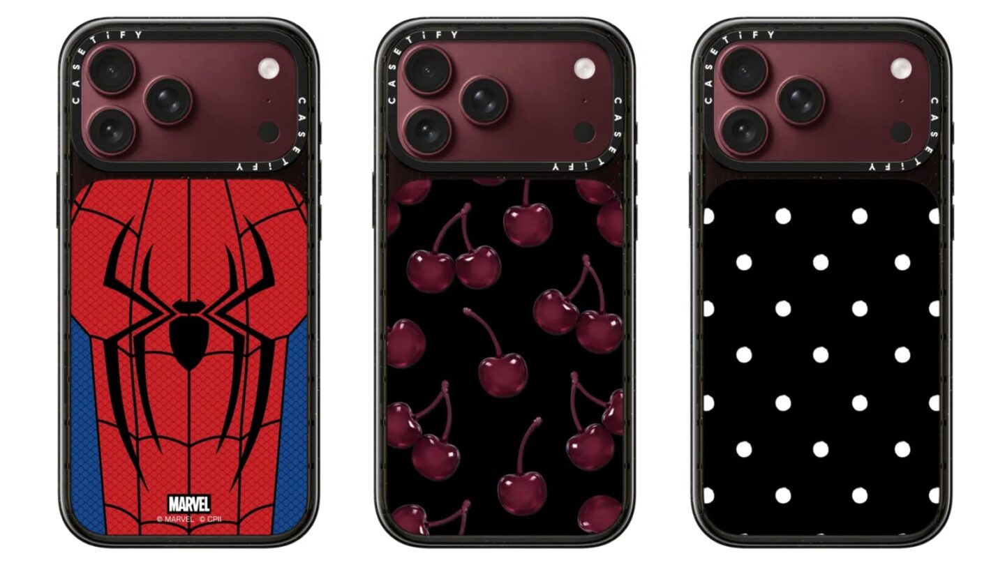 Images of three Casetify Impact cases for iPhone 18 Pro in three designs: Spider-Man, dark cherry, and black with white polka dots dottie