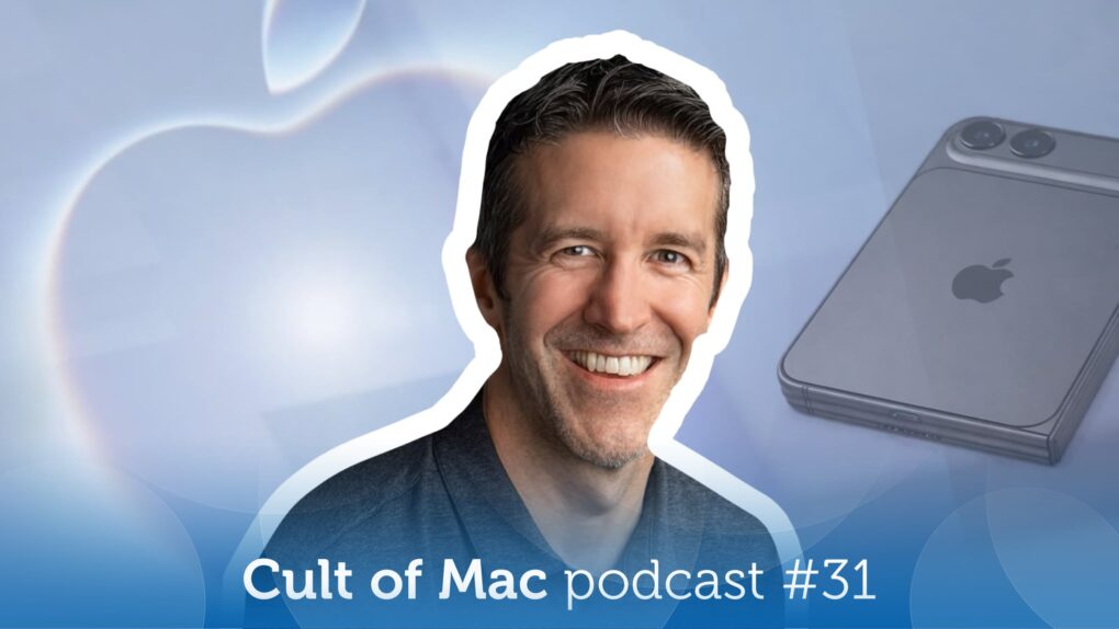 Composite image showing new Apple CEO John Ternus, with the Apple Surprise and Shine event logo and a mockup of the folding iPhone in the background, and the words 