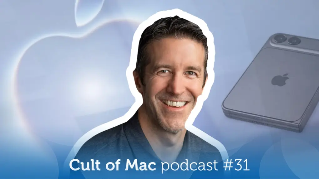 Composite image showing new Apple CEO John Ternus, with the Apple Surprise and Shine event logo and a mockup of the folding iPhone in the background, and the words 