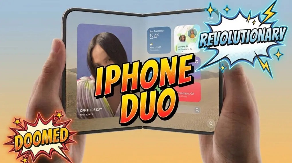 iPhone Duo with doomed and revolutionary word bursts in comic style
