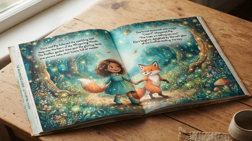 An opened illustrated children's book on a wooden table, used to illustrate a post on AI children's book generator IllustratorMagic