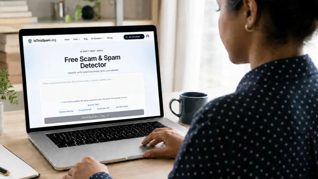 Photo of a woman running IsThisSpam scam detector on a laptop