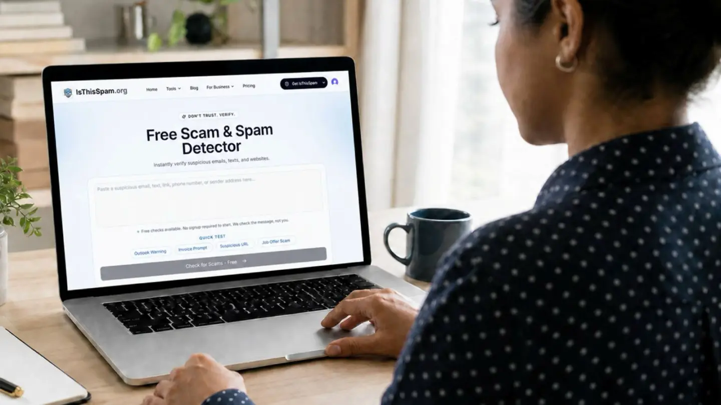 Photo of a woman running IsThisSpam scam detector on a laptop