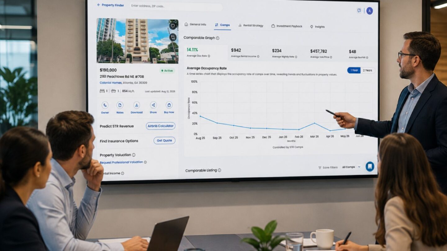 Mashvisor – Real Estate Investment Software: Lifetime Subscriptions Man presenting rental property insights to a group of people in a meeting room using Mashvisor.
