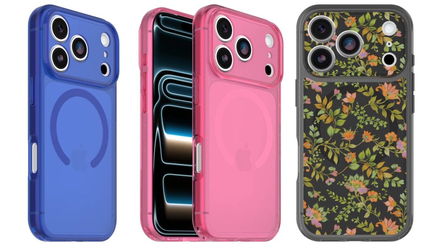 Three images showing OtterBox Lumen series cases for iPhone 18 Pro in blue, pink and a floral pattern