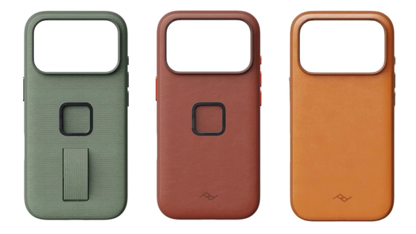 Images of Peak Design cases for iPhone 18 Pro in sage, burgundy and amber leather