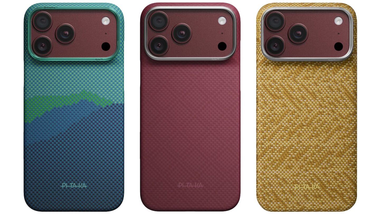 Thre images of Pitaka aramid fiber cases for iPhone 18 Pro in blue/green, burgundy and patterned gold