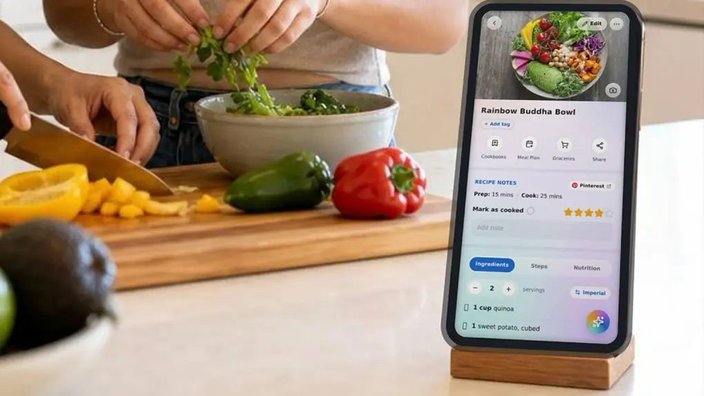ReciBites recipe organizer and meal planner app opened on a phone placed on a kitchen counter while two people prepare ingredients
