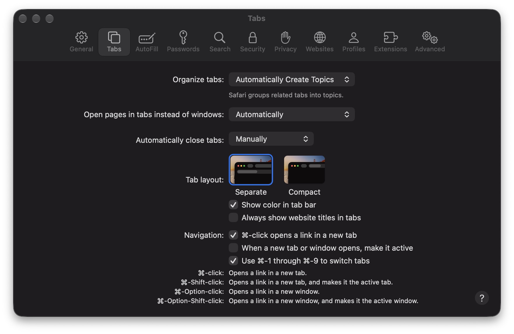 MacOS 27 Safari tab organization Let Safari handle tab organization.