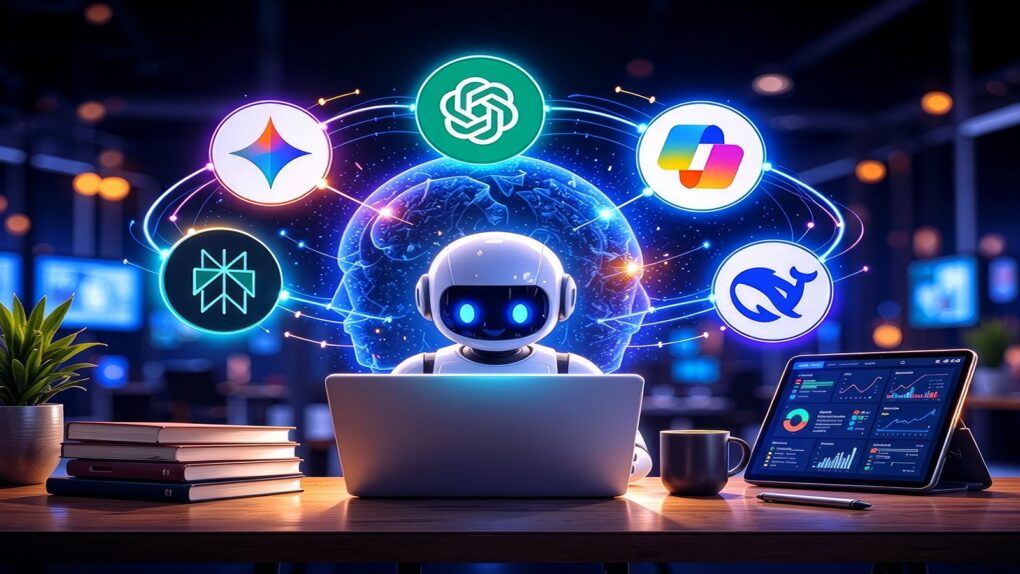 Futuristic image of a robot using a laptop, with icons of AI tools surrounding its head
