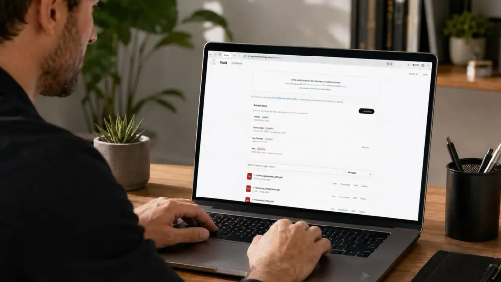 A man accessing Vault cloud storage on a laptop