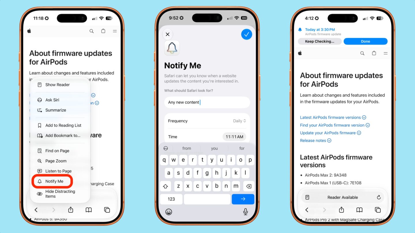 IOS screenshots showing Safari Notify Me feature for monitoring website changes iOS screenshots showing Safari Notify Me feature for monitoring website changes