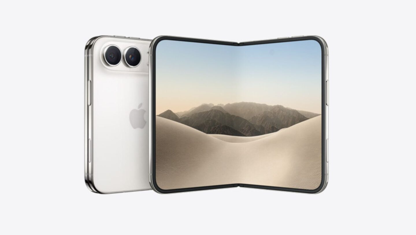 A picture of the iPhone Duo used in a story about Apple working to add Face ID and telephoto lens to future versions of the folding phone.