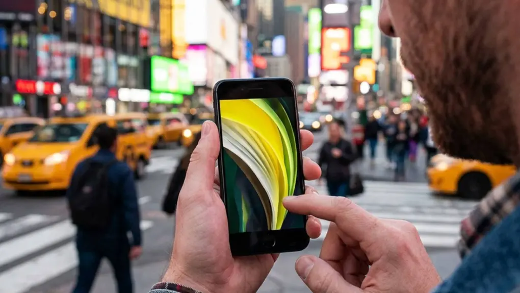 Photo of a man at the corner of busy New York City streets holding an iPhone SE.