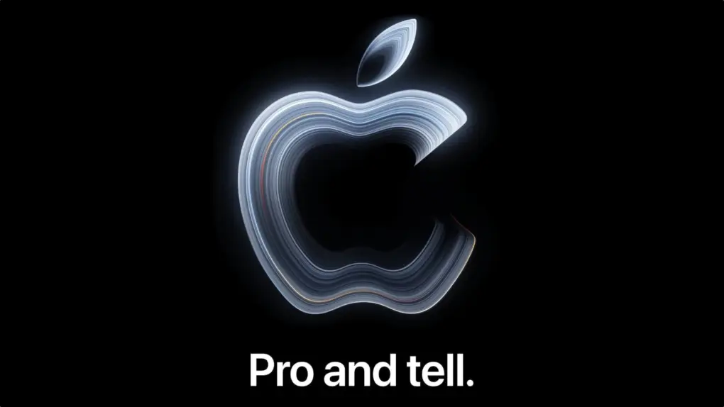 Apple Pro and Tell event invite for October 28, 2026, with a silverish Apple logo on a black background and the words 