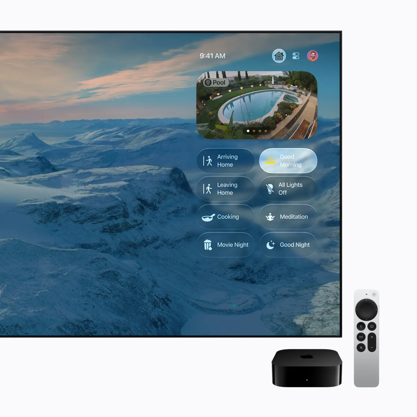 Apple TV 4K home hub 261013 Screenshot of Apple TV 4K showing home hub controls.