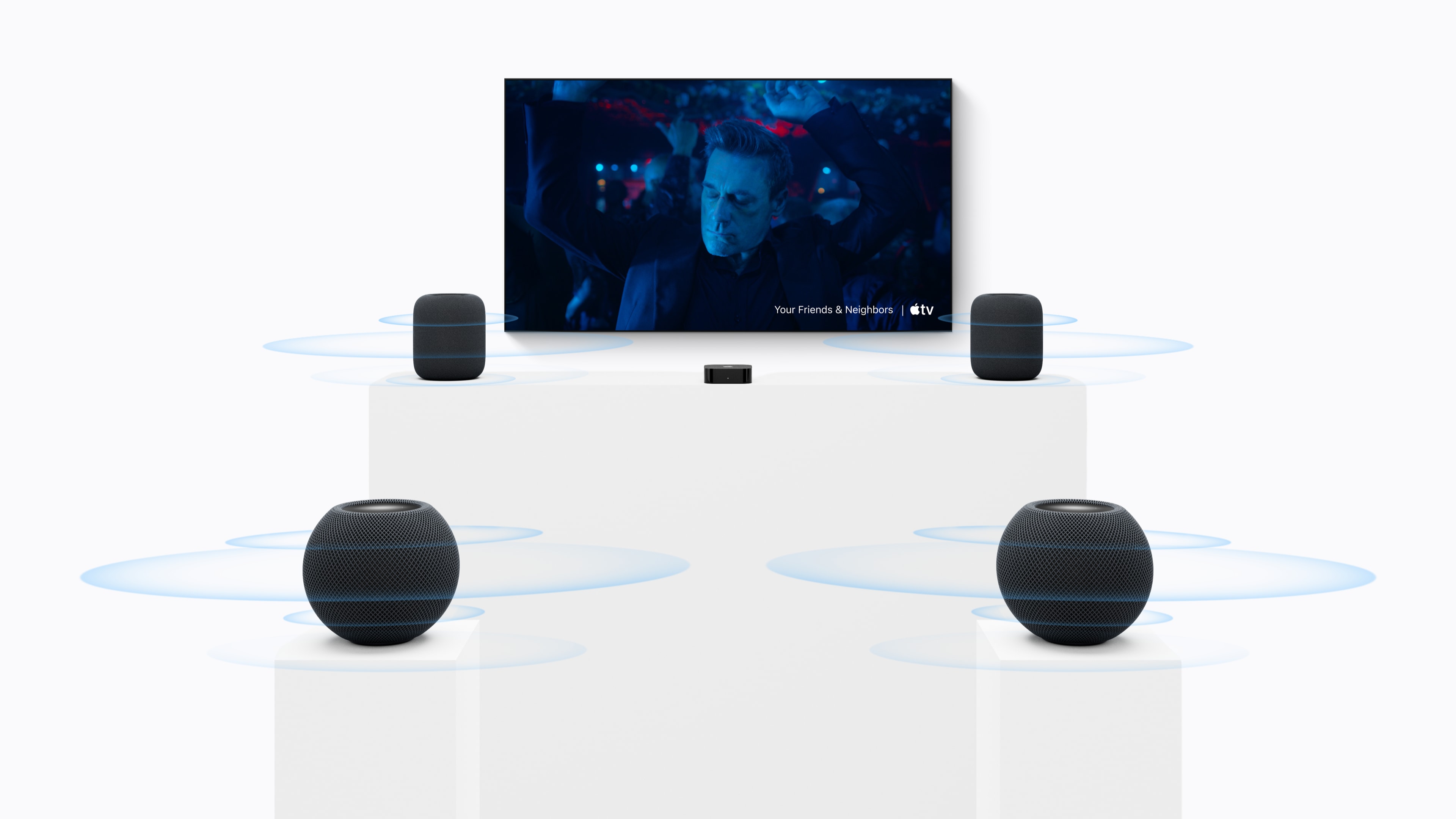 Apple TV 4K home theater setup Apple TV 4K (4th generation) and HomePod mini 2 four-speaker setup.