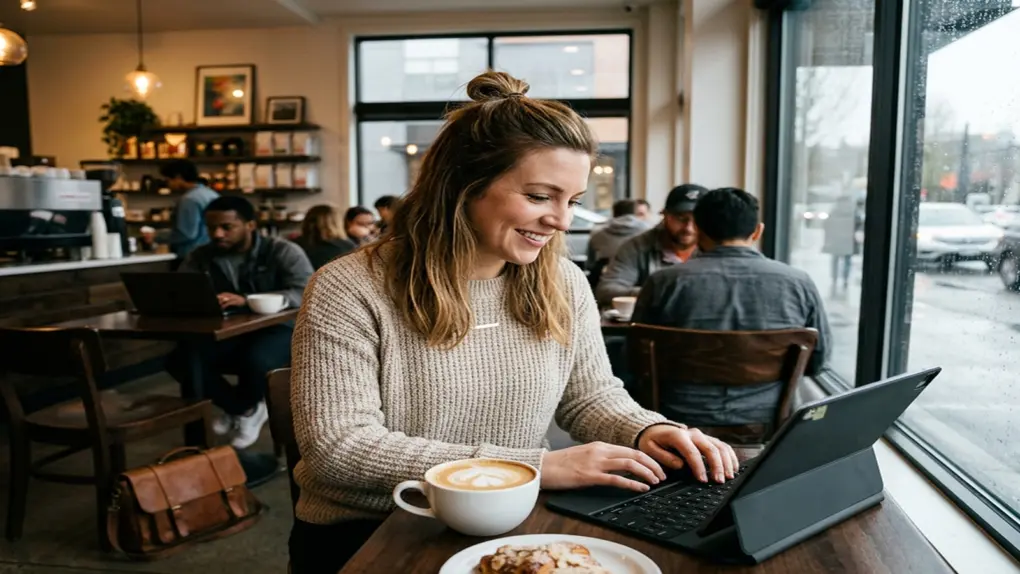 Woman working on her tablet in a crowded cafe, using the Caveat AI fact-checker.