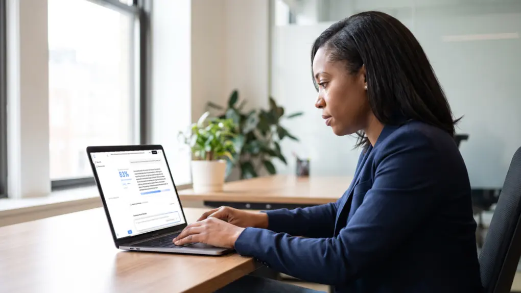 Woman working on her laptop on a work desk using Clearafi AI checker
