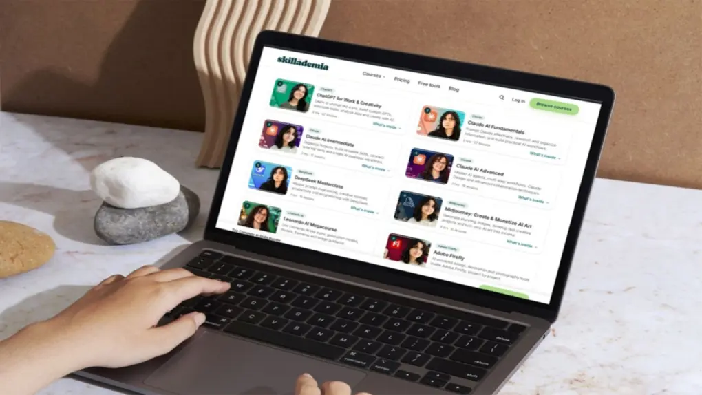 Person accessing an online course from The Complete AI Skills Bundle through a laptop