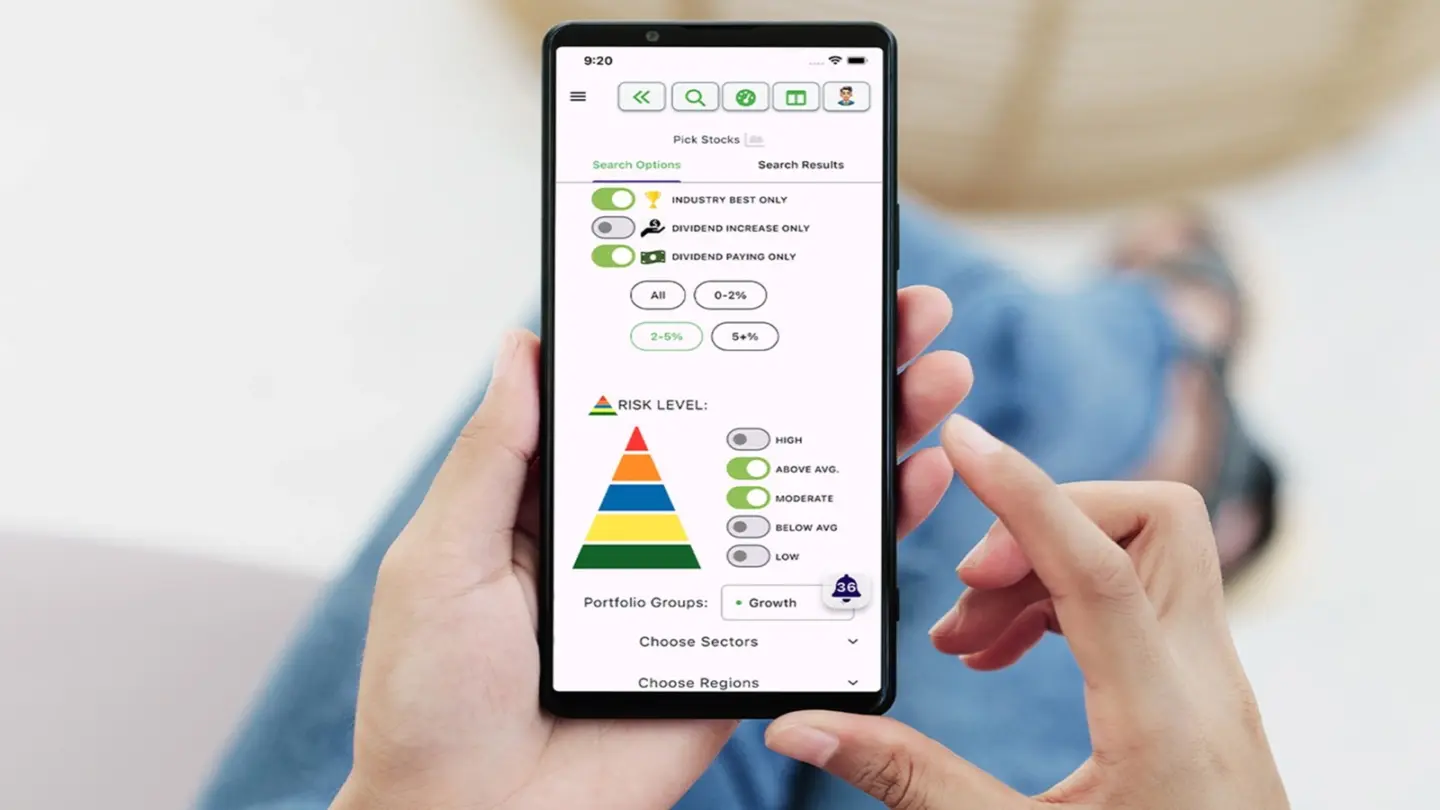 Person using Sterling Stock Picker, which is part of the Financial Freedom Bundle, on a mobile device
