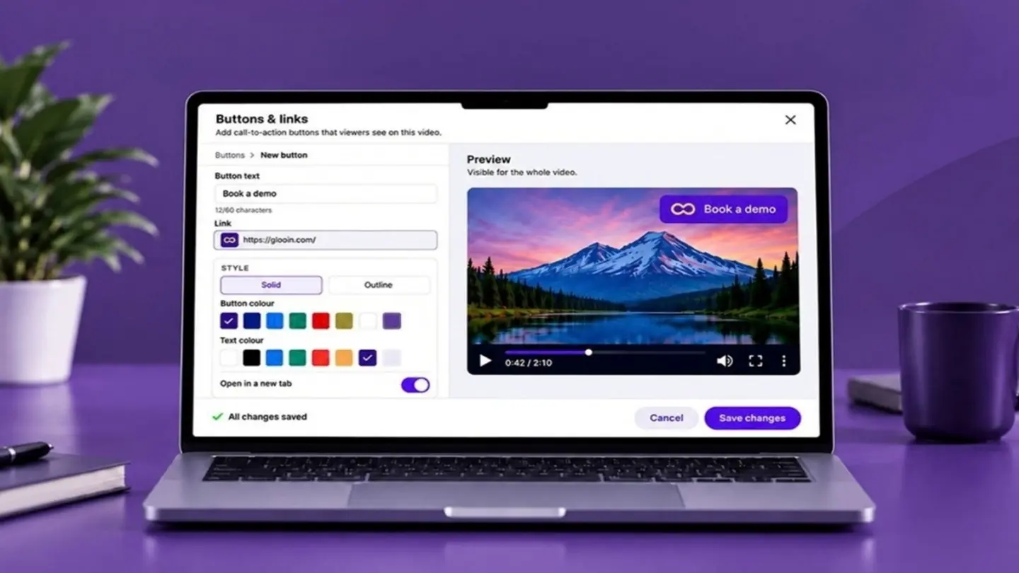 Glooin screen recorder running on a laptop placed on a purple desk and with purple background