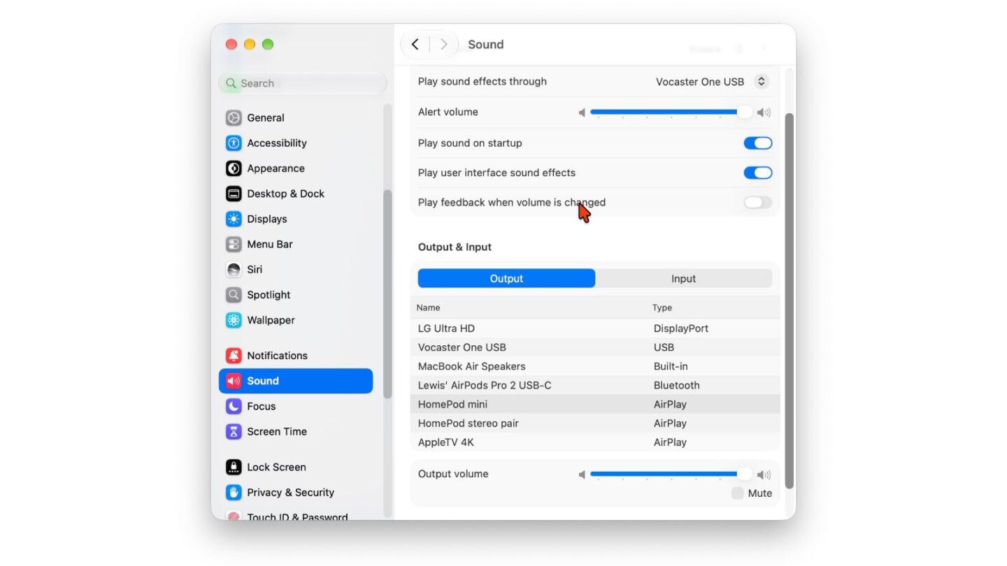 Set HomePod as default speaker on Mac Screenshot showing how to set a HomePod as a default speaker on Mac.