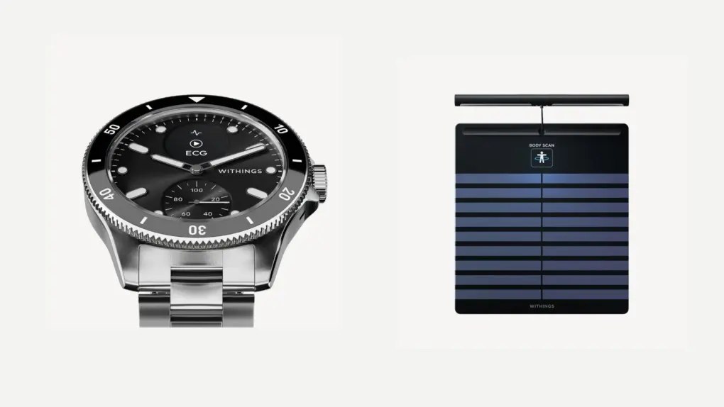 A photo with Withings watch and scale used in a story about Withings now charging users to sync their data to Apple Health.