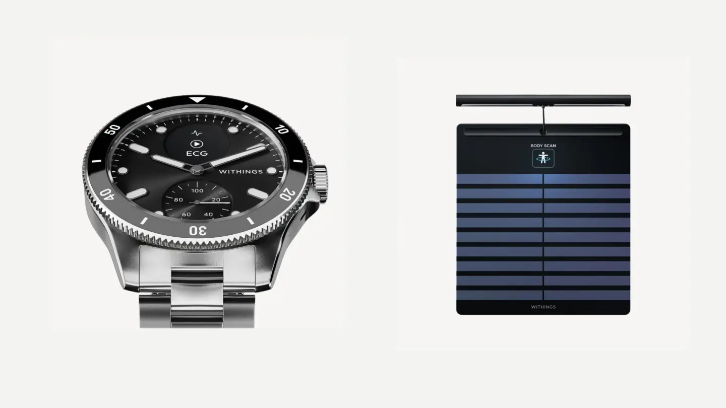 A photo with Withings watch and scale used in a story about Withings now charging users to sync their data to Apple Health.