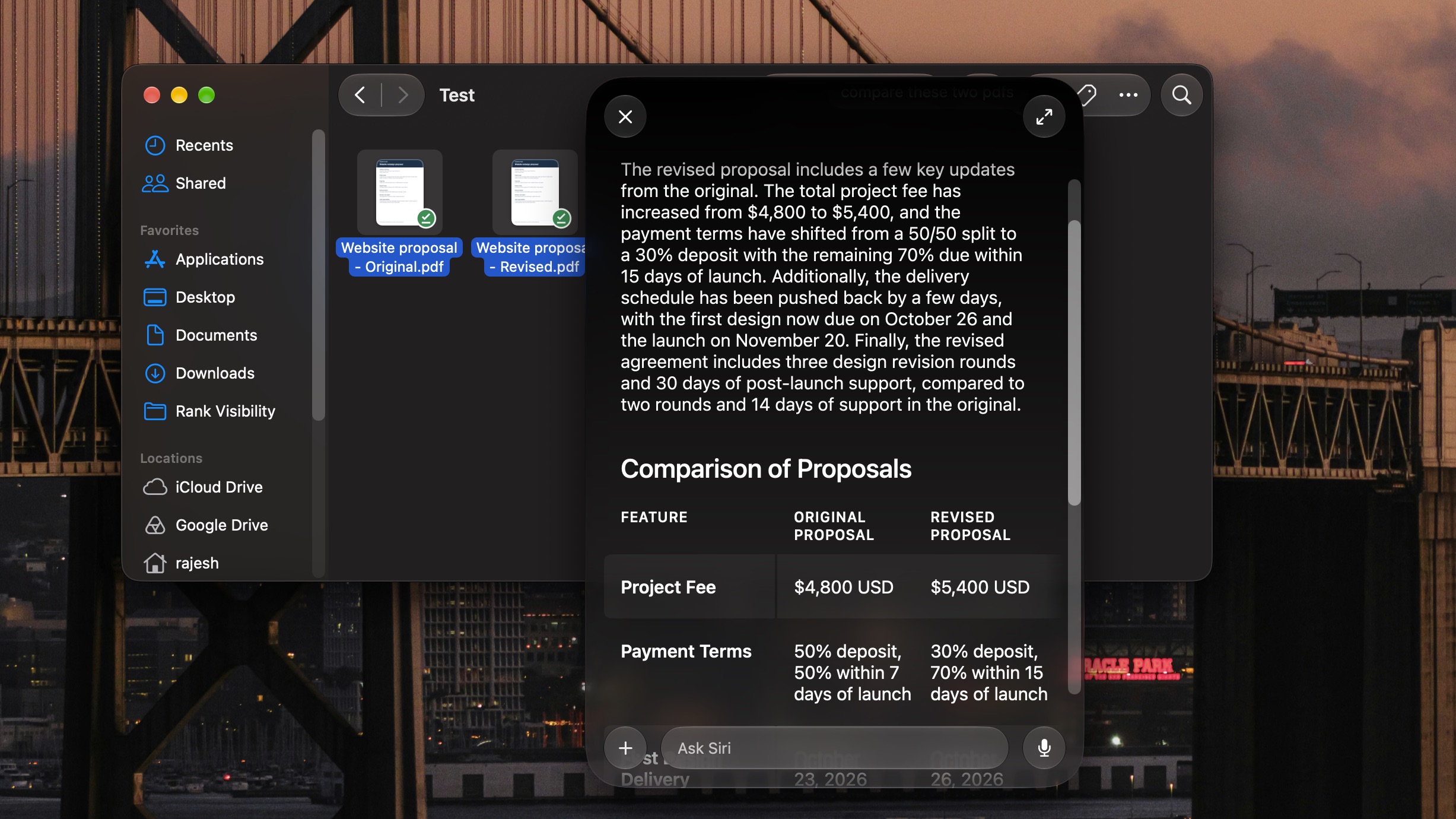 Comparing two PDFs using Siri AI on a Mac 