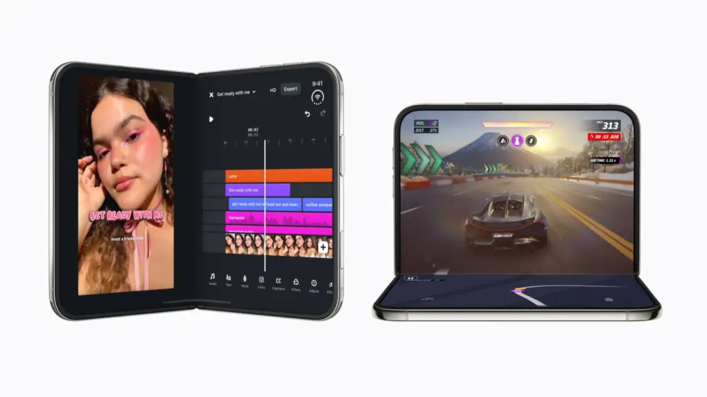 A photo of the iPhone Duo used in a story about Apple optimizing apps for the big inner display.