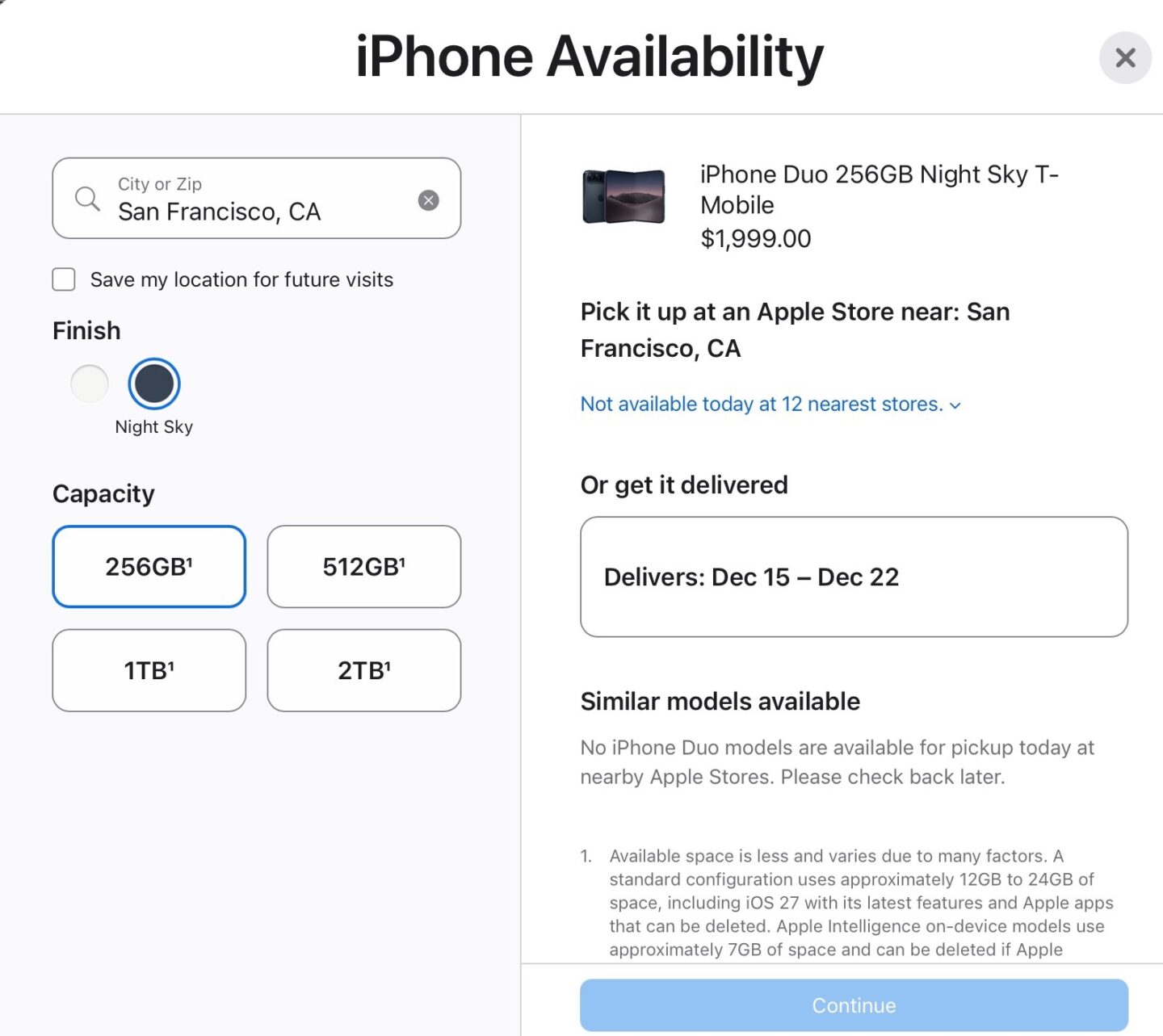 Screenshot of iPhone Duo ship dates
