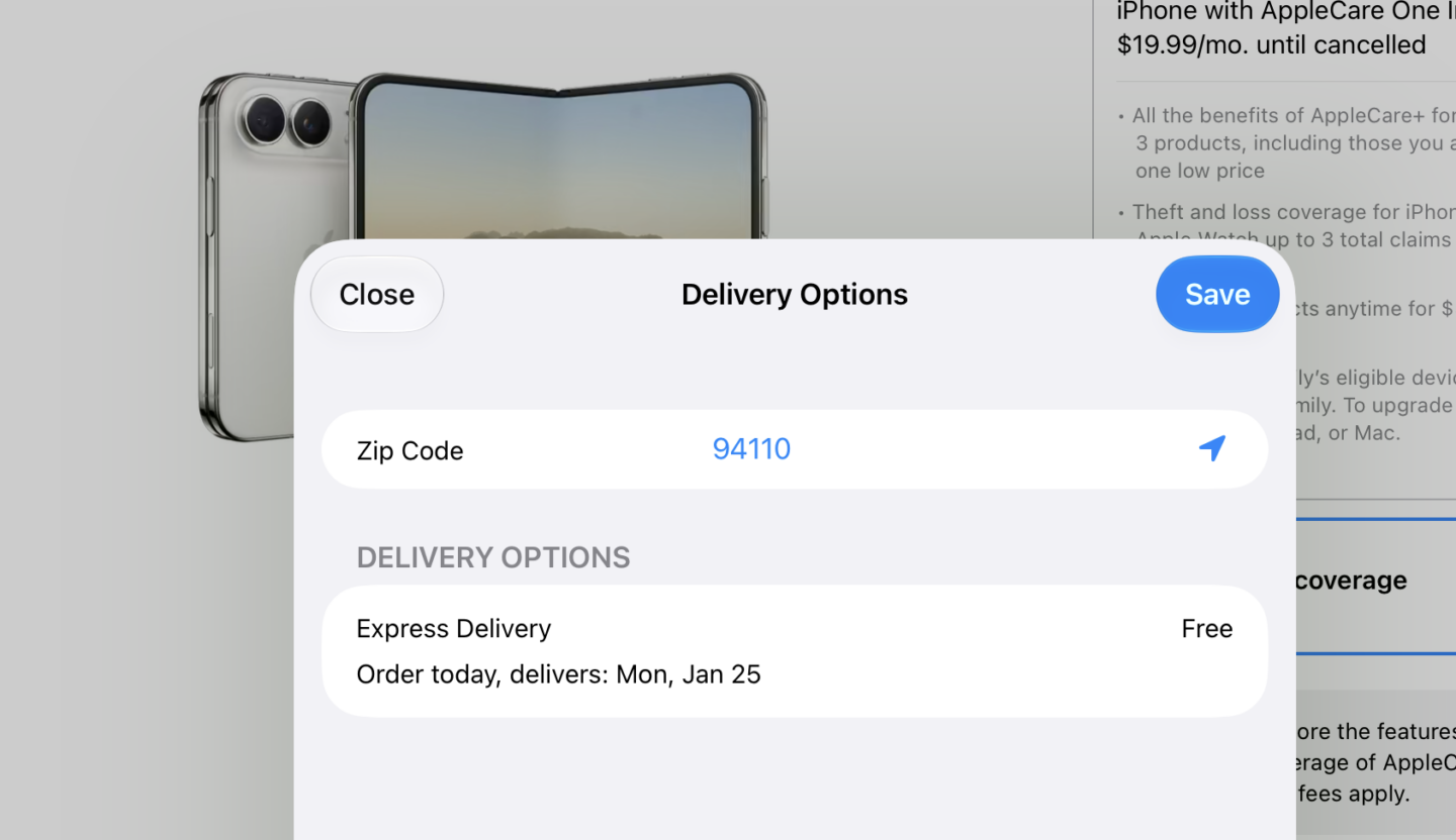 IPhone Duo delivery date January 2027 Screenshot of iPhone Duo ship dates on Apple's online store.